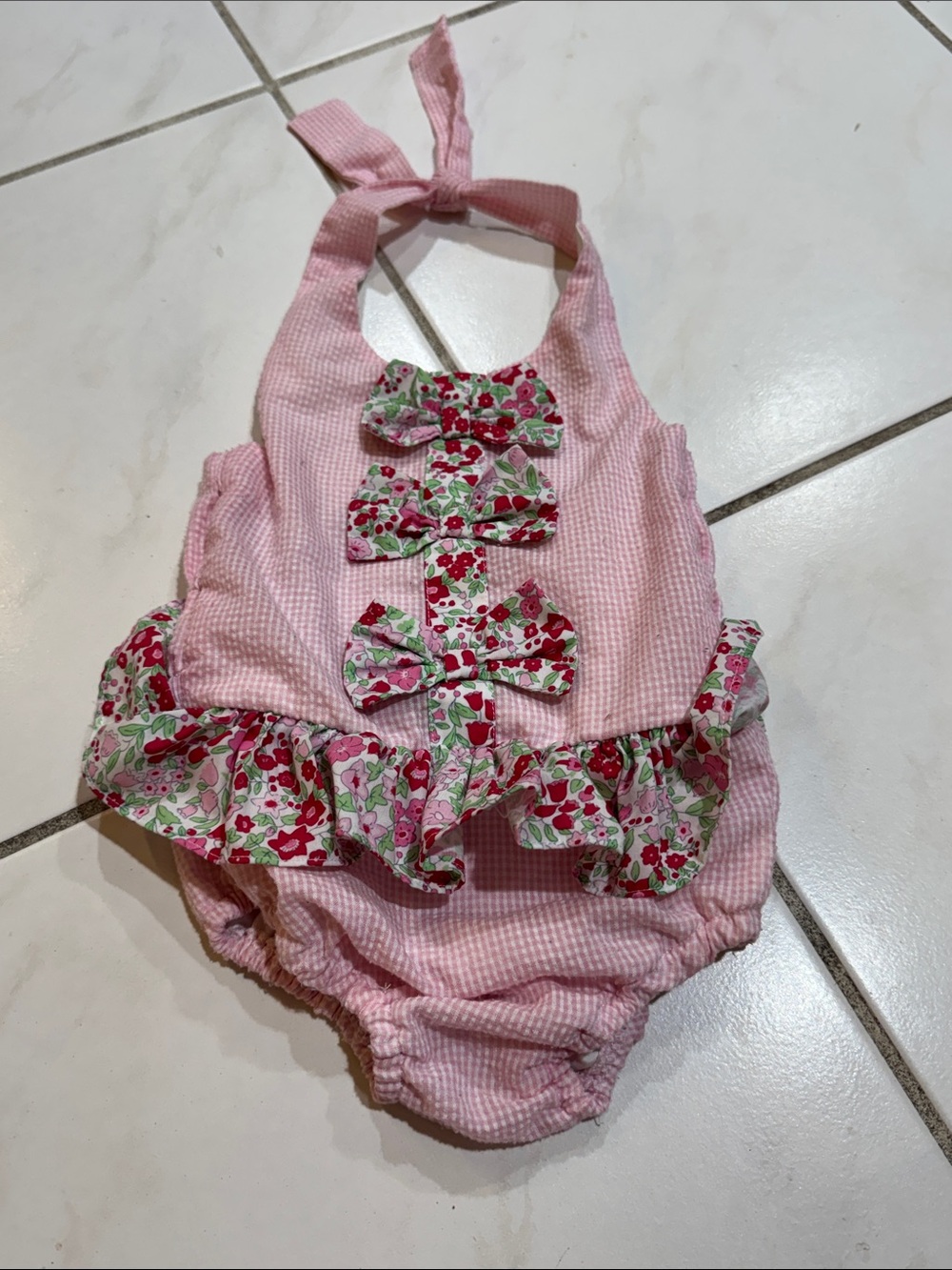 Pink Floral Bow Halter One-Piece Swimsuit for Kids